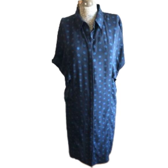 RACHEL ROY LARGE NAVY BLUE TEAL POLKA DOT BUTTON FRONT SHIRT DRESS TUNIC POCKETS - Picture 1 of 11
